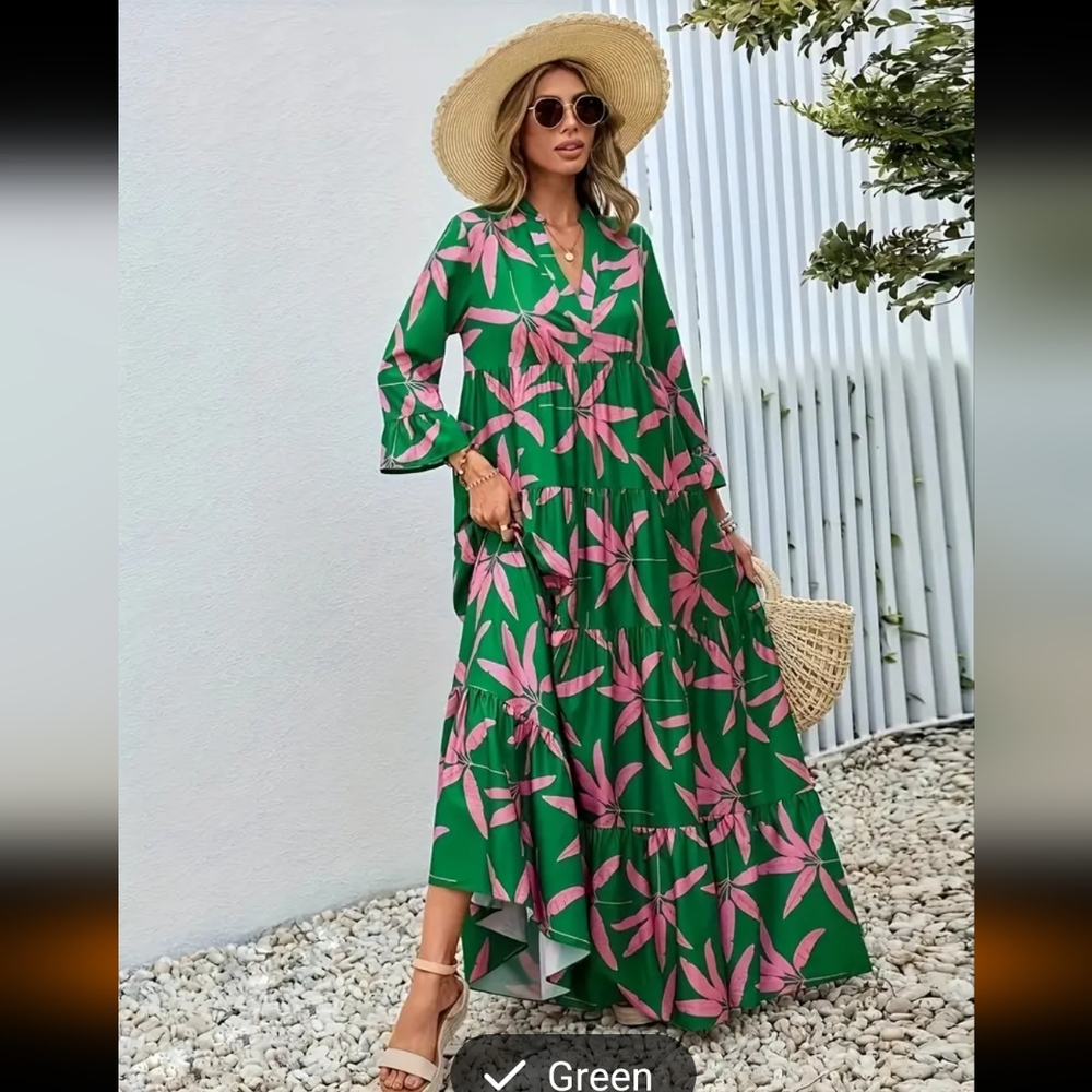 Eye catching green and pink print lightweight tiered maxi with 3/4 sleeves - Picture 3 of 5